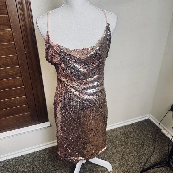 Hot Miami Styles Mini Rose Gold Sequined Dress Bodycon Party Glam Club sz L - Image 2