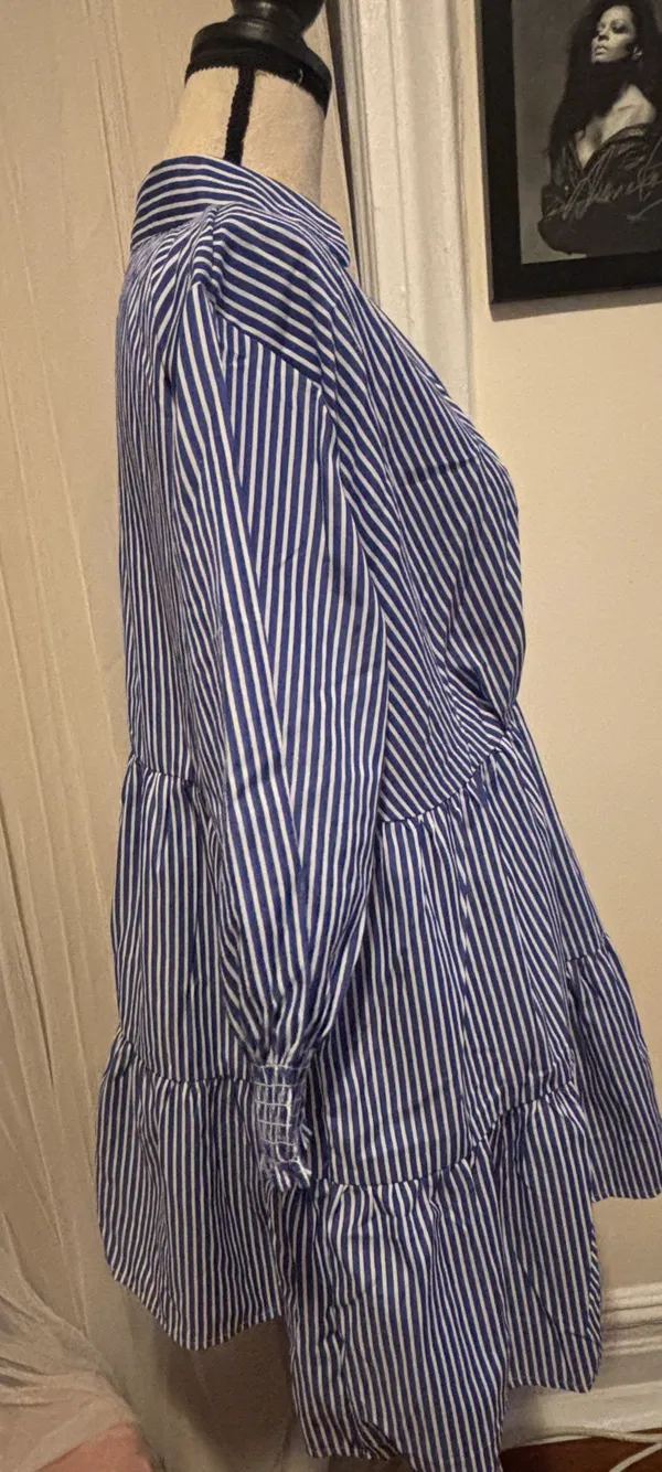 Women's 3/4 Sleeve V Neck Collar Striped Dress Casual A Line Ruffle Hem Mini Dresses - Image 6