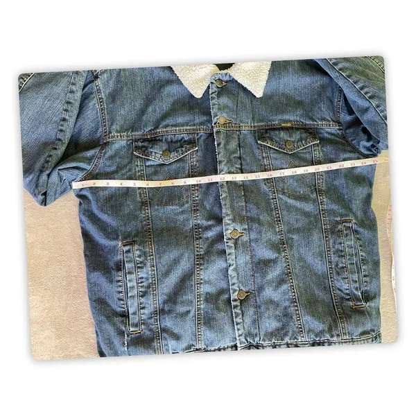 Wrangler Sherpa Lined Denim Trucker Jacket Mens L Blue Cotton - TEAR/READ - Image 4