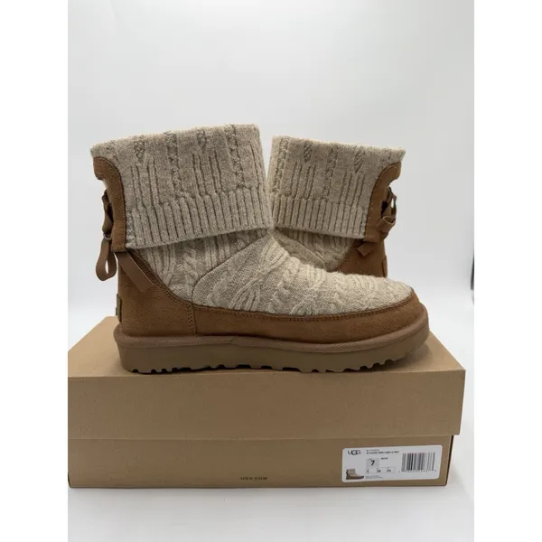 Women's UGG Classic Mini Cabelle Chestnut Suede/Knit Boot Sz 7 New In Box - Image 7