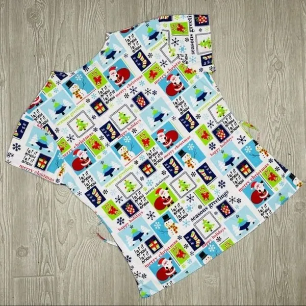 Cassandra O Christmas Santa and snowman nurse scrub top shirt sm pocket and tie - Image 2