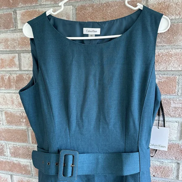 NWT Calvin Klein Belted Sheath Professional Dress Teal Blue Size 12 - Image 2