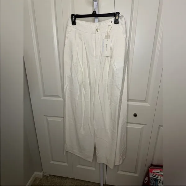 Commense Wide Leg Pleated White Cotton Pants High Waist Pants Size M - Image 2