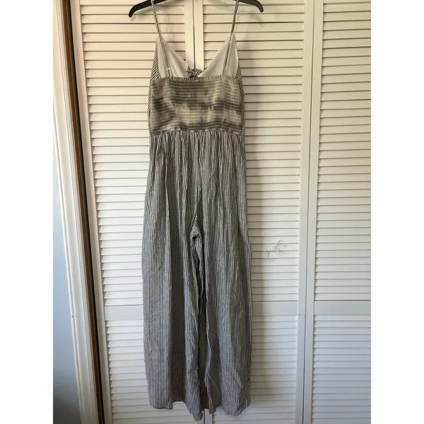 Japna Grey White Striped Tie Front Wide Leg Slit Jumpsuit Size M 100% cotton - Image 4