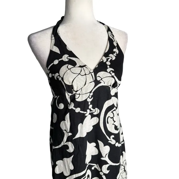 Y2K Old Navy Floral Maxi Dress Black White S Linen Blend Babydoll‎ Halter Beachy - Image 5
