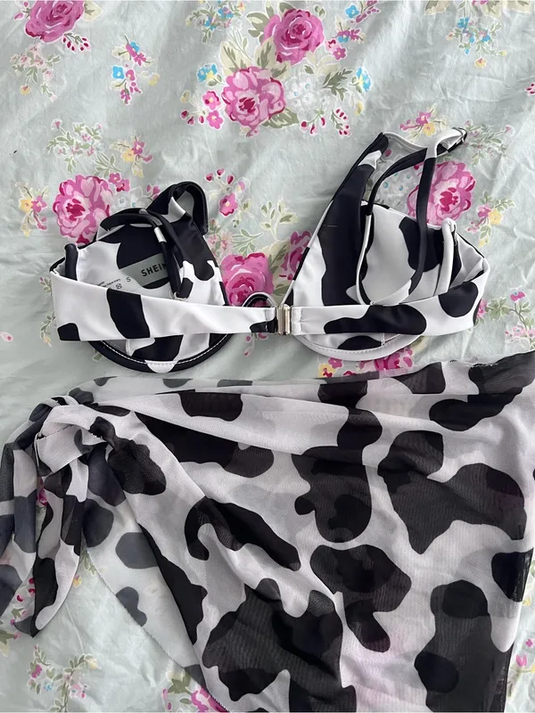 SHEIN Black & White Cow Pattern Bikini Top with Sarong - Image 3