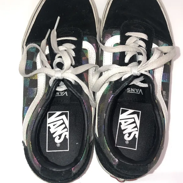 Women's Vans Black Suede Iridescent Checkerboard Size 7.5 Low Top Skater Lace Up - Image 8