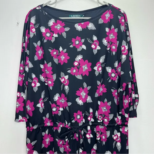 NWT Ralph Lauren Purple Black‎ Floral Tie Waist 3/4 Sleeve Stretch Dress Size 1X - Image 4