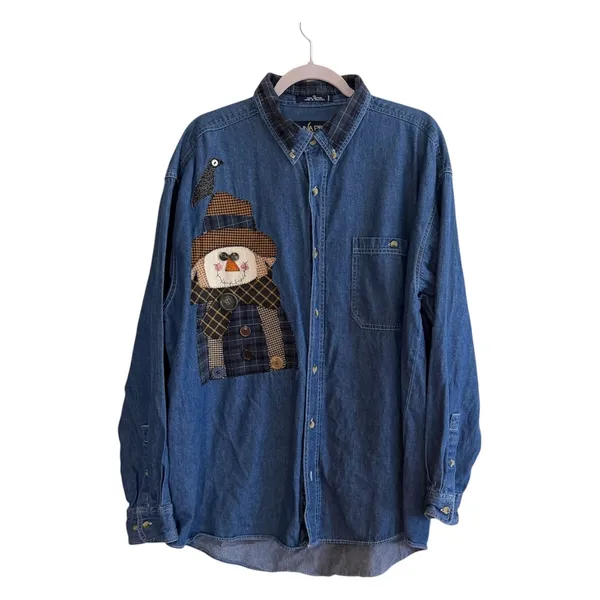Luna Pier Button Up Denim XL Blue Scarecrow Patchwork Blue Shirt Novelty Fall - Image 2
