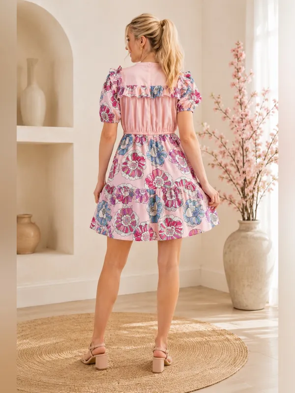 Gigio Pink Floral Ruffle Puff Sleeve Dress Size Small - Image 2