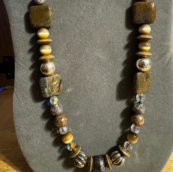Beaded gemstone, wood plastic statement necklace Brown - Image 2