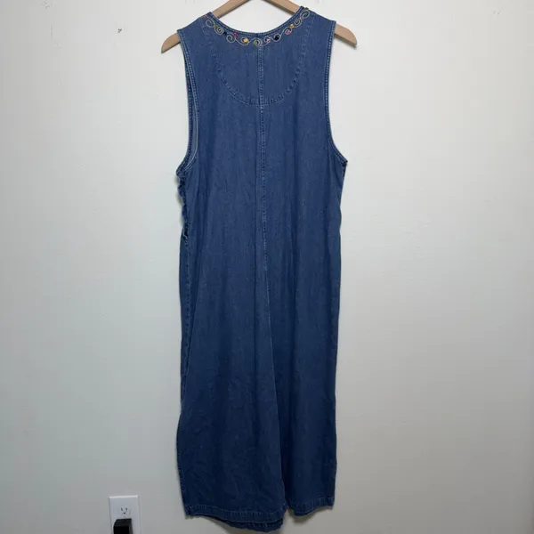 VTG 90s Women 100% Cotton Western Denim Jumper Dress Button Blue Embroidered‎ - Image 5