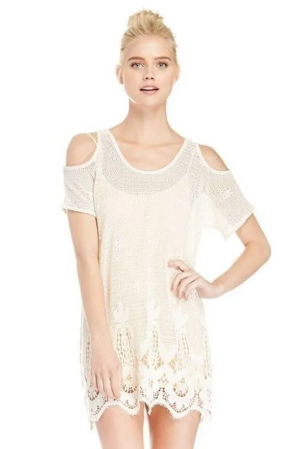 LOVERS + FRIENDS WEEKEND TUNIC cream natural cold shoulder unlined size large - Image 2