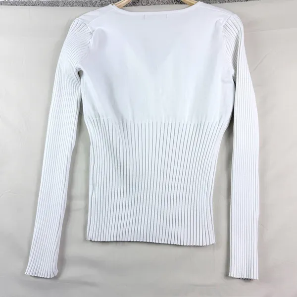 Bellini Size M White Ribbed Zip Front Studded V Neck Cardigan Sweater Y2K Glam - Image 3