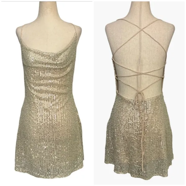 Hello Molly Champagne Gold Sequin Cowl Neck Lace‎ Up Back Mini Dress US 6 Viral - Image 2