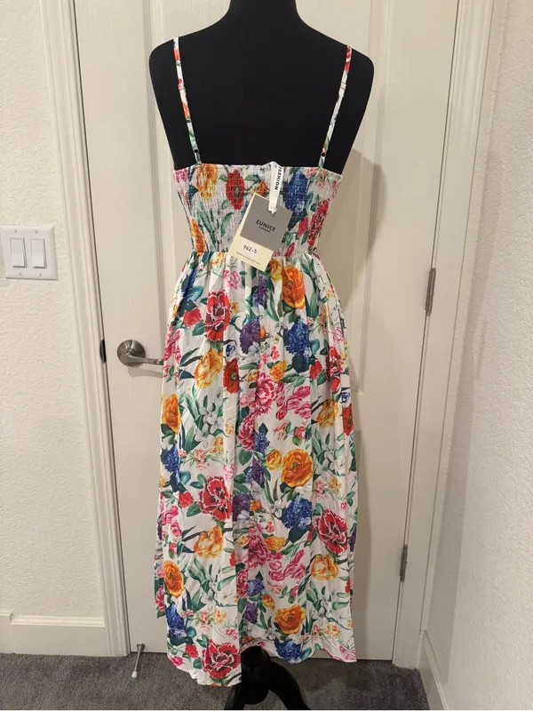 Floral Adjustable Spaghetti-Strap Midi Dress in White with Multicolor Blooms - Image 4