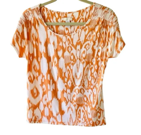 Chicos Orange Ikat Abstract Print Top Size Large Shoulder Detail Chicos Size 2 - Image 5