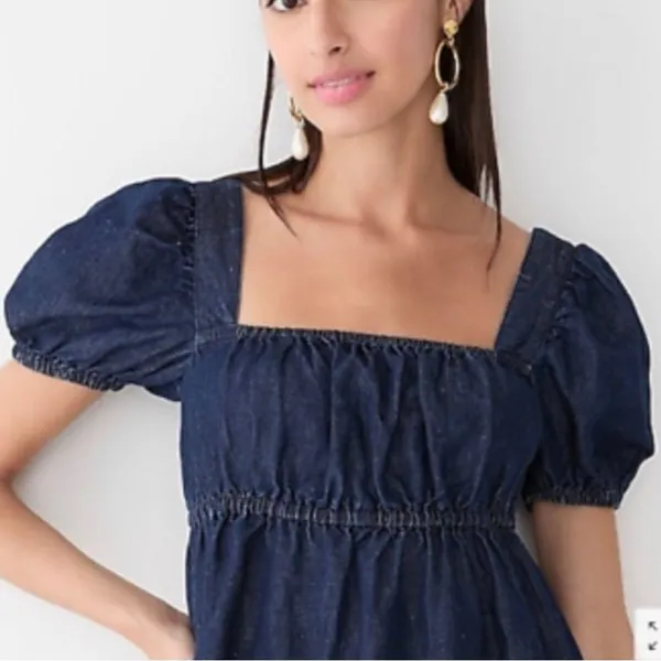EUC J. Crew Linen Blend Denim Square Neck Puff Sleeve Dress Size 00 - Image 2