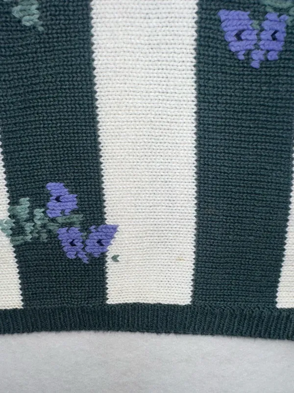 Vintage 90s Paris Sport Club Floral Striped Knit Sweater L Cottagecore Grandma - Image 12