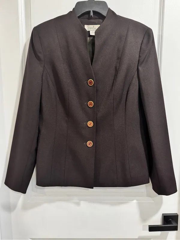Emily Brown Collarless Button Down Fitted Blazer Jacket 8 Dark Chocolate Career - Image 2