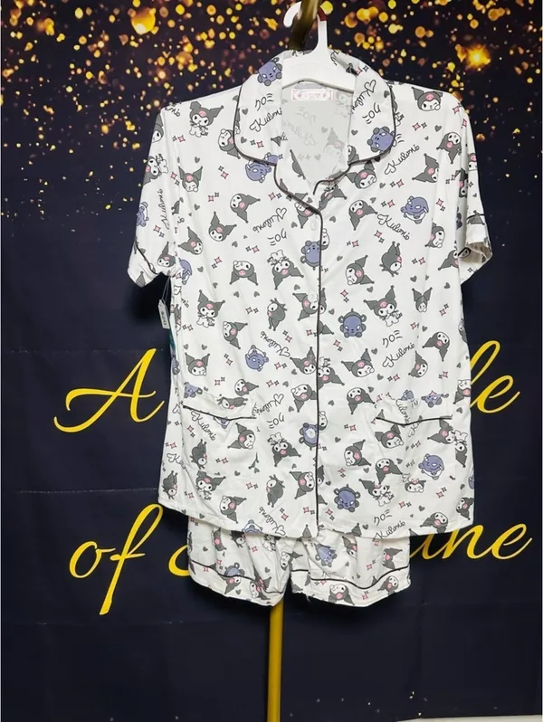 Kumari Womens Large 3 Piece Pajama Set Cat Print Button Top Shorts Pants PJs - Image 3