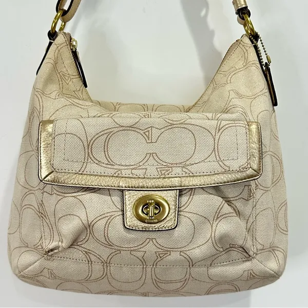 Coach Signature Penelope Purse Linen Leather Crossbody Shoulder Bag Cream Gold - Image 4