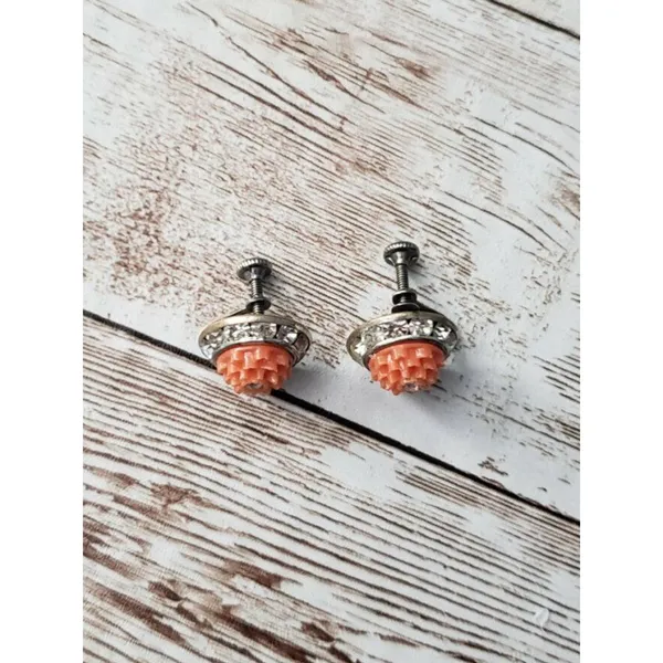 Vintage Screw On Earrings - Orange with Clear Gem 5/8" Retro - Image 3