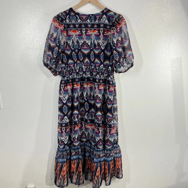 Old Navy Boho‎ Tiered Midi Dress Geometric Print Puff Sleeve Smocked Waist Lined - Image 3