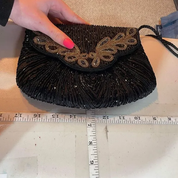 Vintage‎ Beaded Snap Flap Corded Strap Clutch Shoulder Bag Black Small Flapper - Image 10