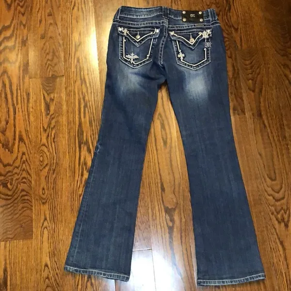 MISS ME Dark Wash Embellished Boot Cut Denim Low Rise Jeans Size 28x31 TAG 28x34 - Image 5