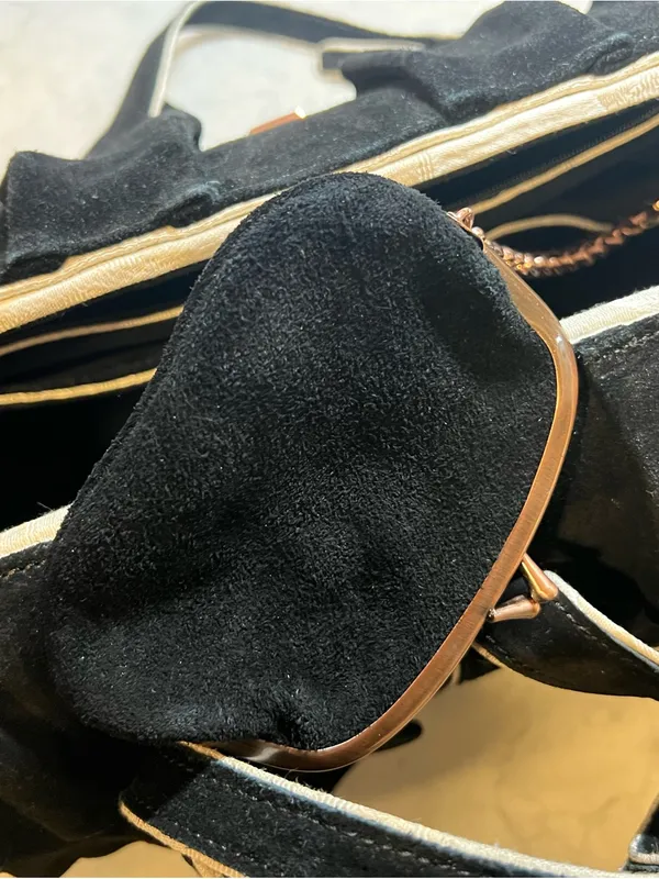Black Ruffle Suede Satchel with Gold Accent - Image 7