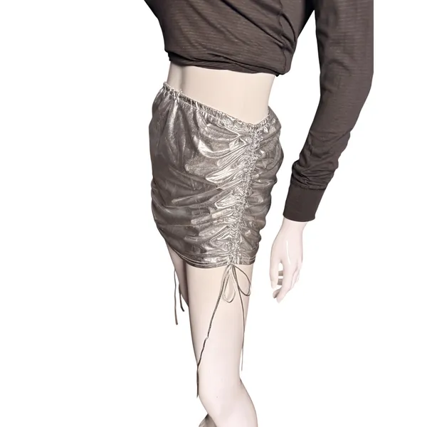 Silver Metallic Ruched Mini Skirt Medium Festival Rave Wear Liquid Shine Bodycon - Image 3