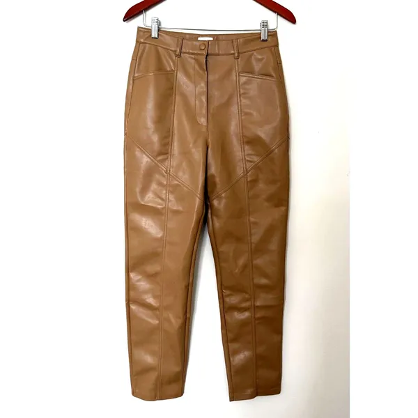 Aritzia Wilfred Rebel High Waisted Vegan Leather Pants Camel Edgy Chic Sz 8 - Image 3