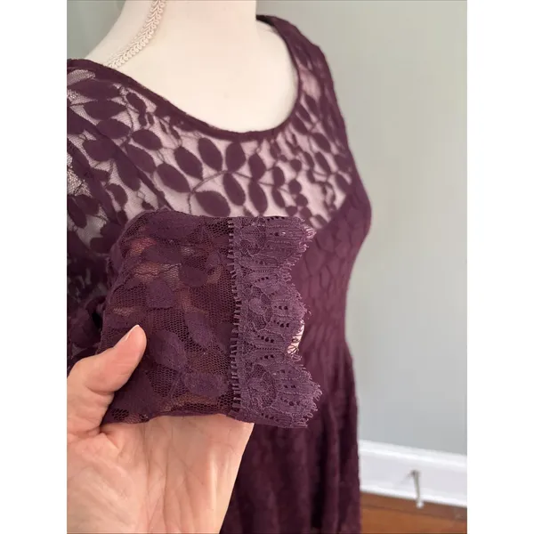 Free People‎ Floral Mesh Lace Dress Cranberry Burgundy Lined 3/4 Sleeve Small - Image 2