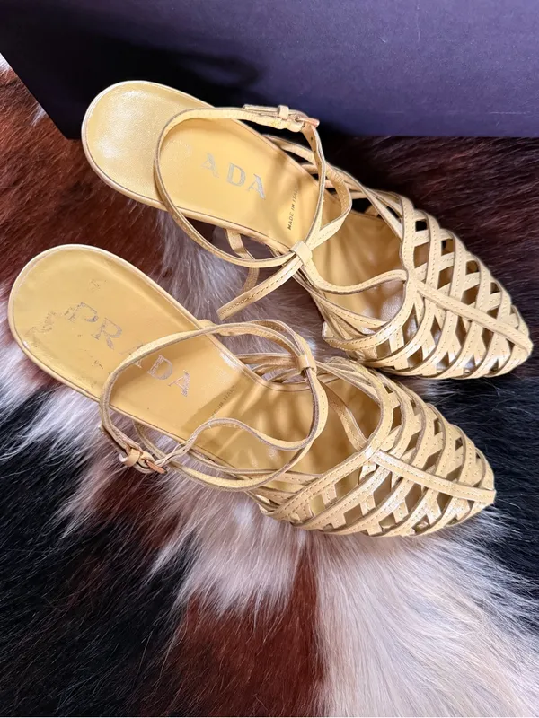 Prada Yellow Leather Woven Slingback Heels - Image 5