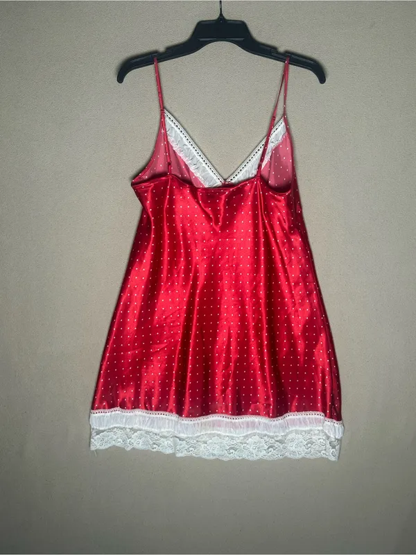 Red Satin dress White lace Trim Chemise slip dress size Medium Lace polkadot - Image 5