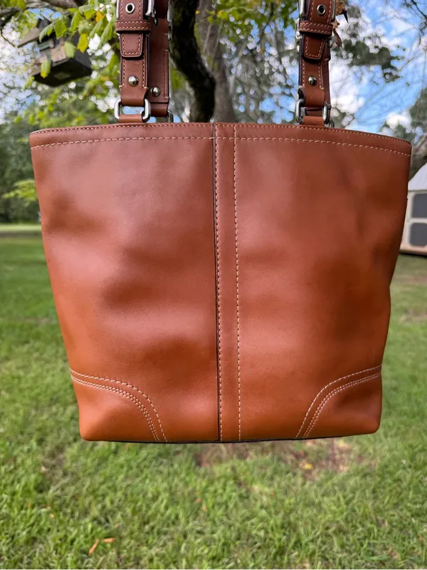 Coach Hamilton F13089 Burnished Leather Tote Cognac Brown Bag Dog Charm - Image 13