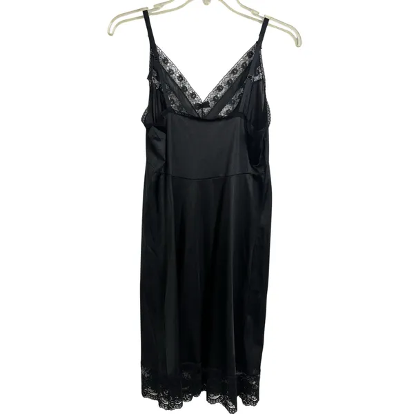 Vtg Ashley Taylor Black Nylon Floral Lace Slip Dress Nighty 34 FLAW Whimsigoth - Image 2