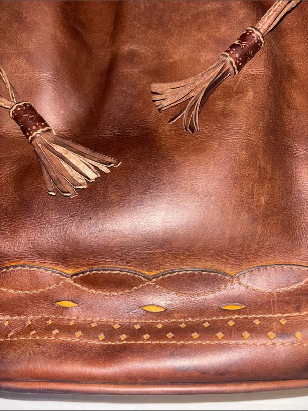CARTUJANO de ESPANA VINTAGE DARK BROWN LEATHER DRAWSTRING BUCKET BAG - Image 3