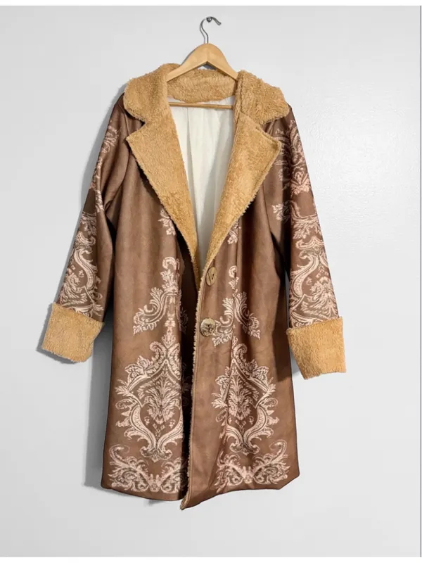 Vintage Inspired Plus Size Shearling Boho Damask Print Coat Brown - Image 2