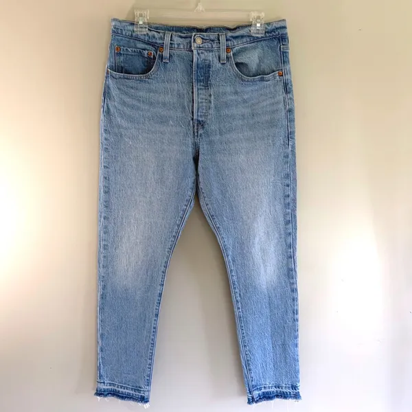 Levis 501 S High Rise Skinny Jeans Light Wash Raw Hem‎ Button Fly Denim 31x28 - Image 2