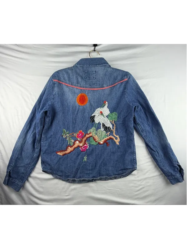 Holding Horses Anthropologie Denim Crane Embroidered Button Down Shirt Layering - Image 2