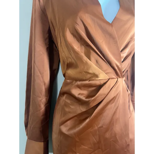 Banana Republic Satin Wrap Mini Dress Copper Brown Long Sleeve Collared Size 6 - Image 4