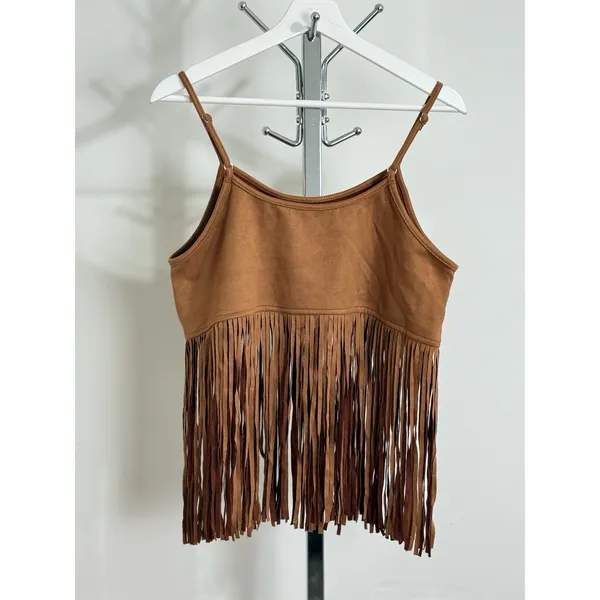 SheIn Suede Fringe Cami Crop Top Western Boho Festival Brown Women Size M NWT - Image 4