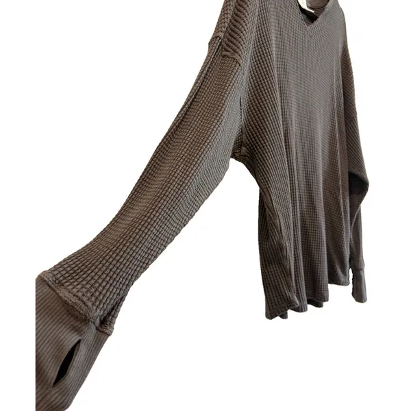 Aerie Gray Waffle-Knit Henley V-Neck Long Sleeve Pullover Cotton Sweater Top XL - Image 3