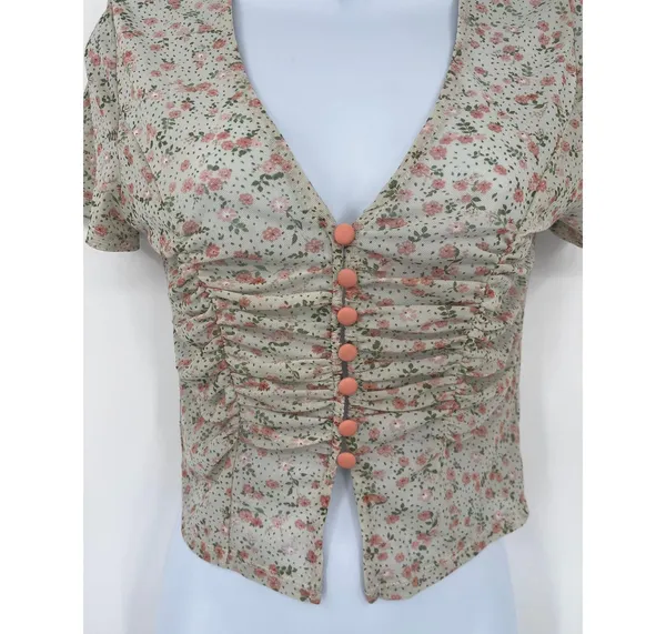Coquette Y2K Mini Floral Mesh Top Sz M Deep V Ruch Festival Crop Cottage Fairy - Image 2