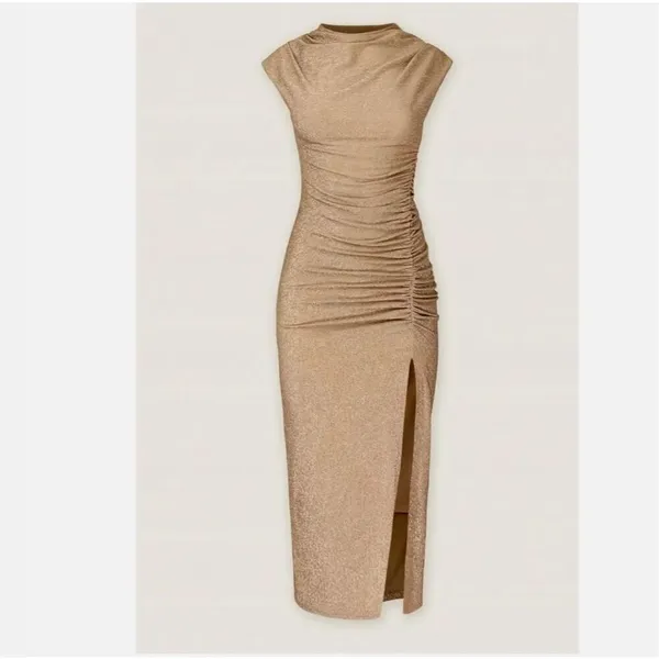 Dress Forum Tan Metallic Glitter High Neck Ruched Slit Bodycon Midi Dress Small - Image 2