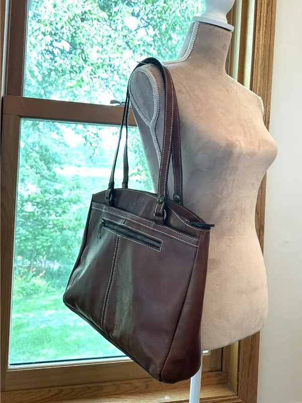 Patricia Nash Cognac Leather Tote Shoulder Bag Contrast Stitching Large Zip Top - Image 2