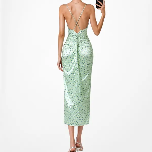 Zara Pastel Green Blue Printed Satin Midi Ruched Side Slit Summer Sundress S - Image 3