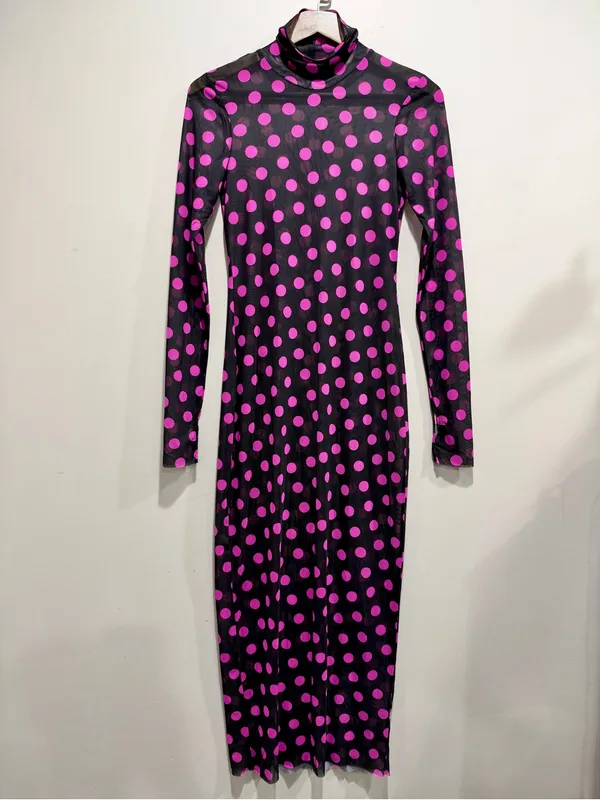 AFRM Black Pink Polka Dot Sheer Mesh Roll Neck Maxi Dress S - Image 2